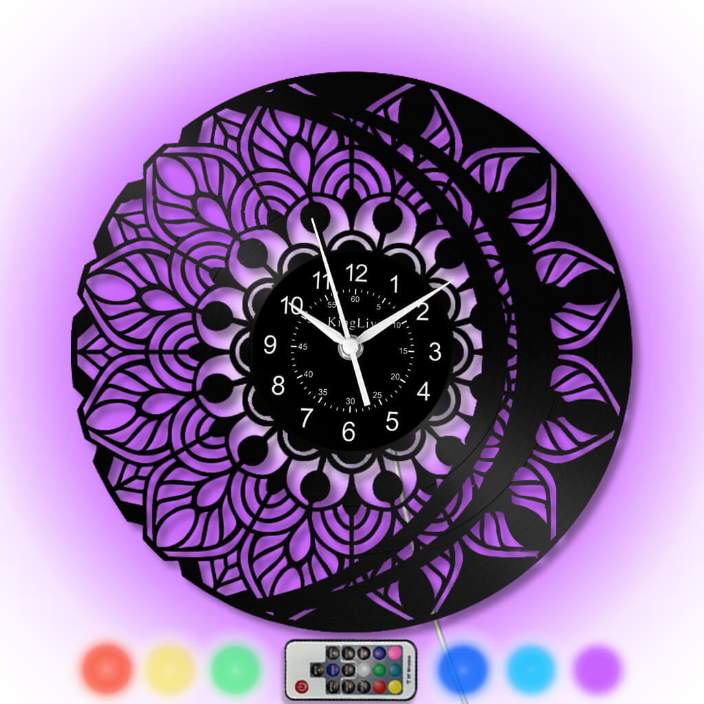 LED Vinyl Wall Clock | Lotus Flower Mandala Ornament | 12''
