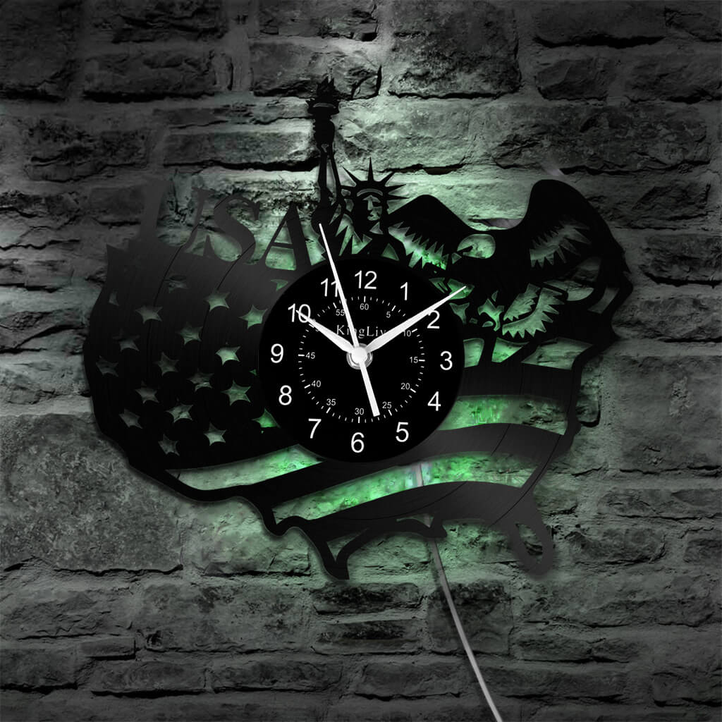 LED Vinyl Wall Clock | American Flag Statue of Liberty | 12'' | 0231WPB