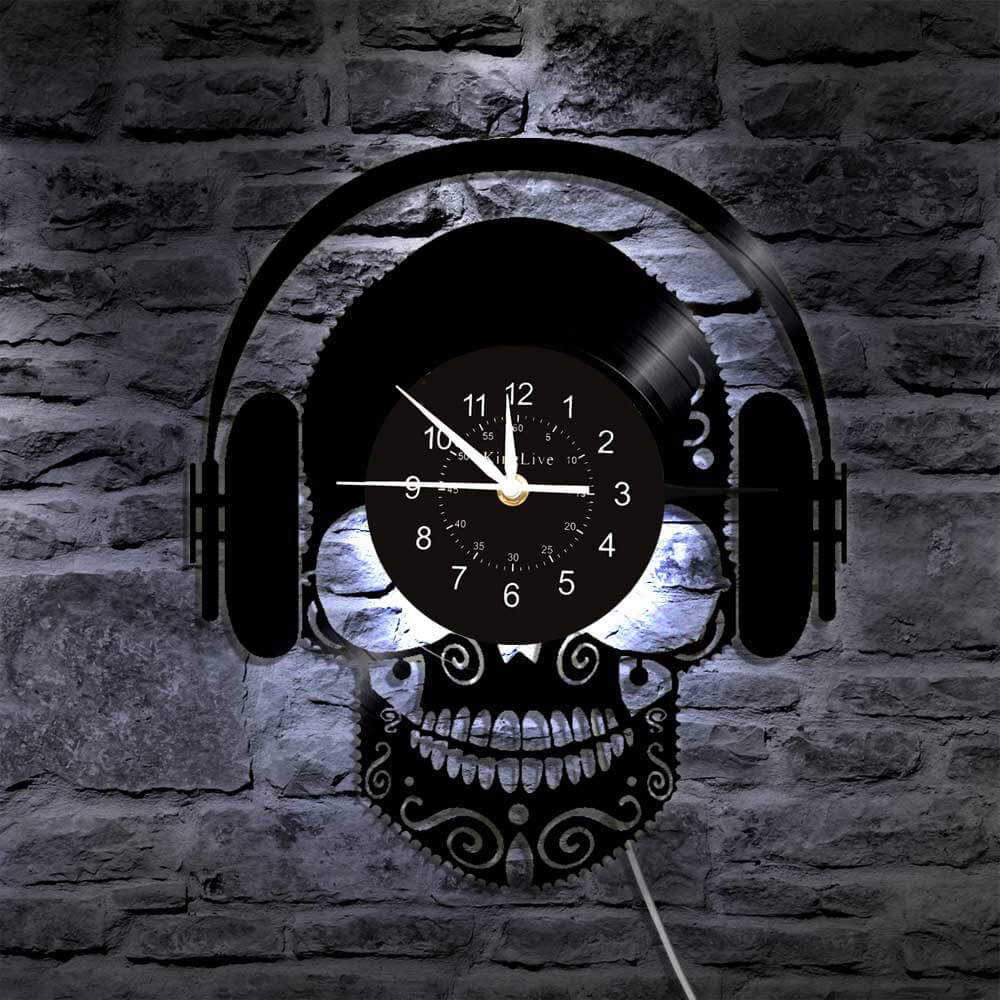 Skull Headphone Led Vinyl Record Wall Clock