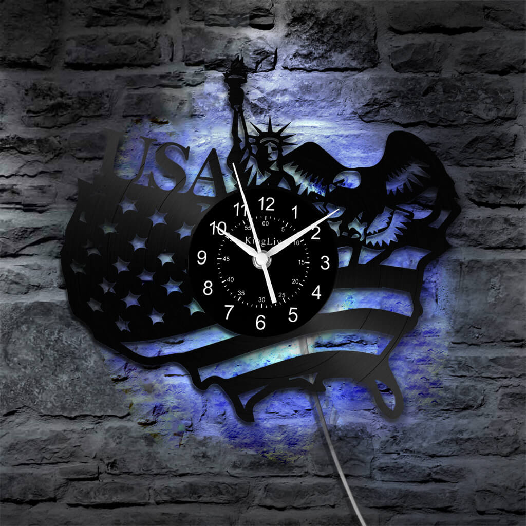 LED Vinyl Wall Clock | American Flag Statue of Liberty | 12'' | 0231WPB