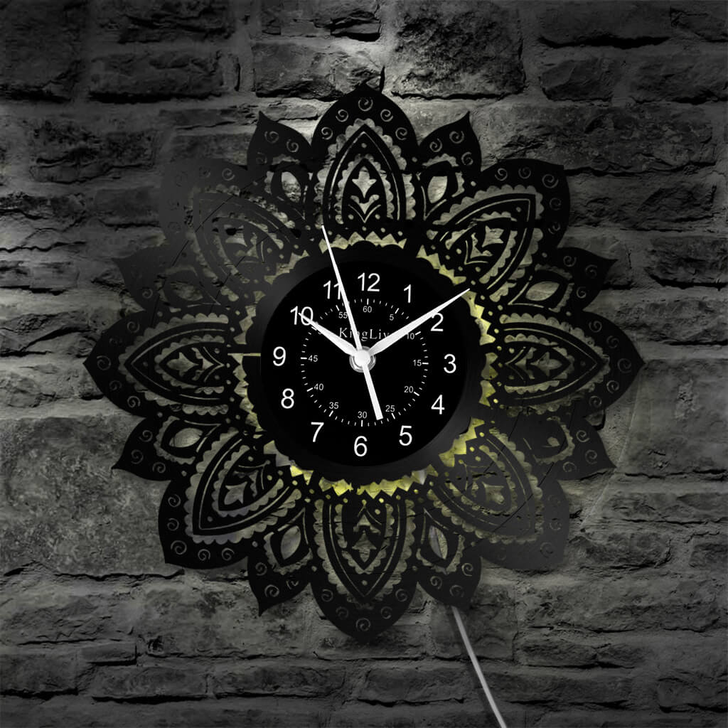 LED Vinyl Wall Clock | Lotus Flower Mandala Ornament | 12''
