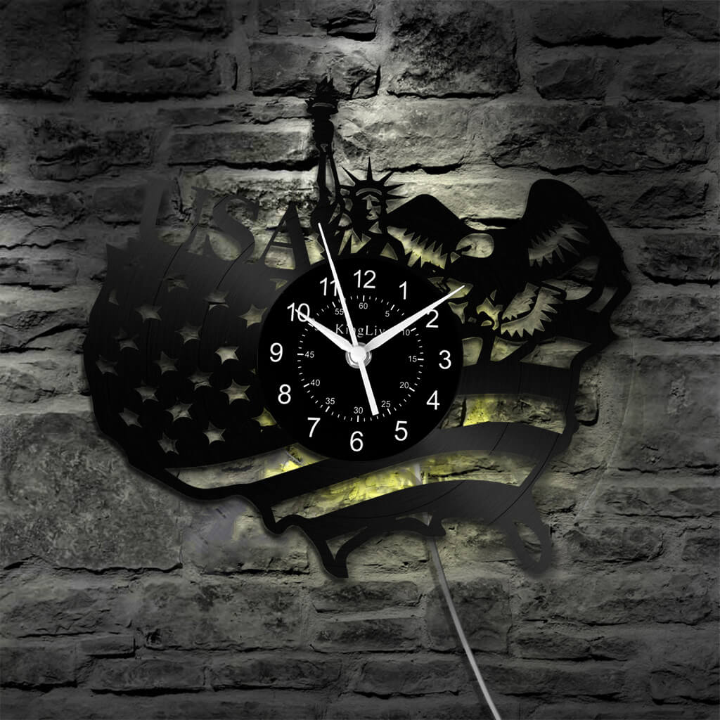LED Vinyl Wall Clock | American Flag Statue of Liberty | 12'' | 0231WPB