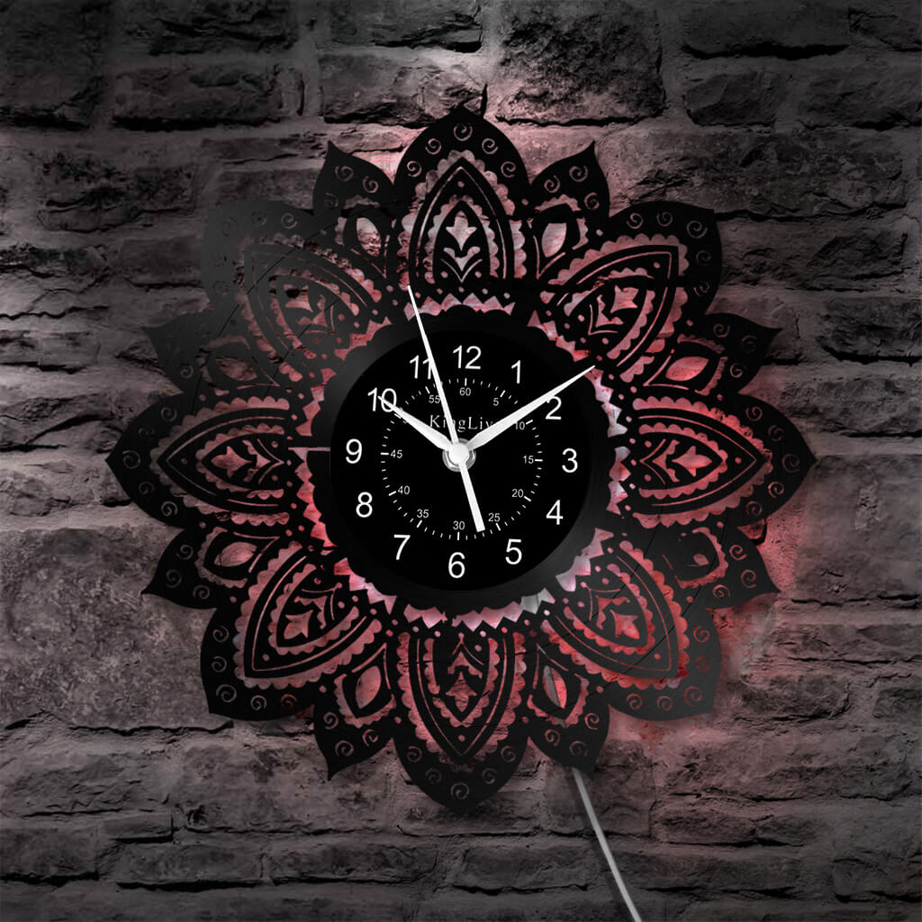 LED Vinyl Wall Clock | Lotus Flower Mandala Ornament | 12''
