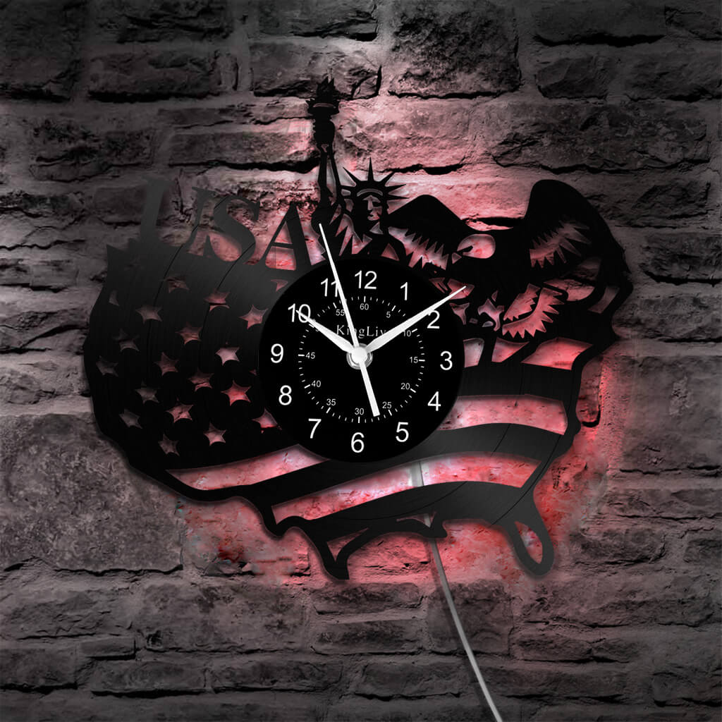 LED Vinyl Wall Clock | American Flag Statue of Liberty | 12'' | 0231WPB