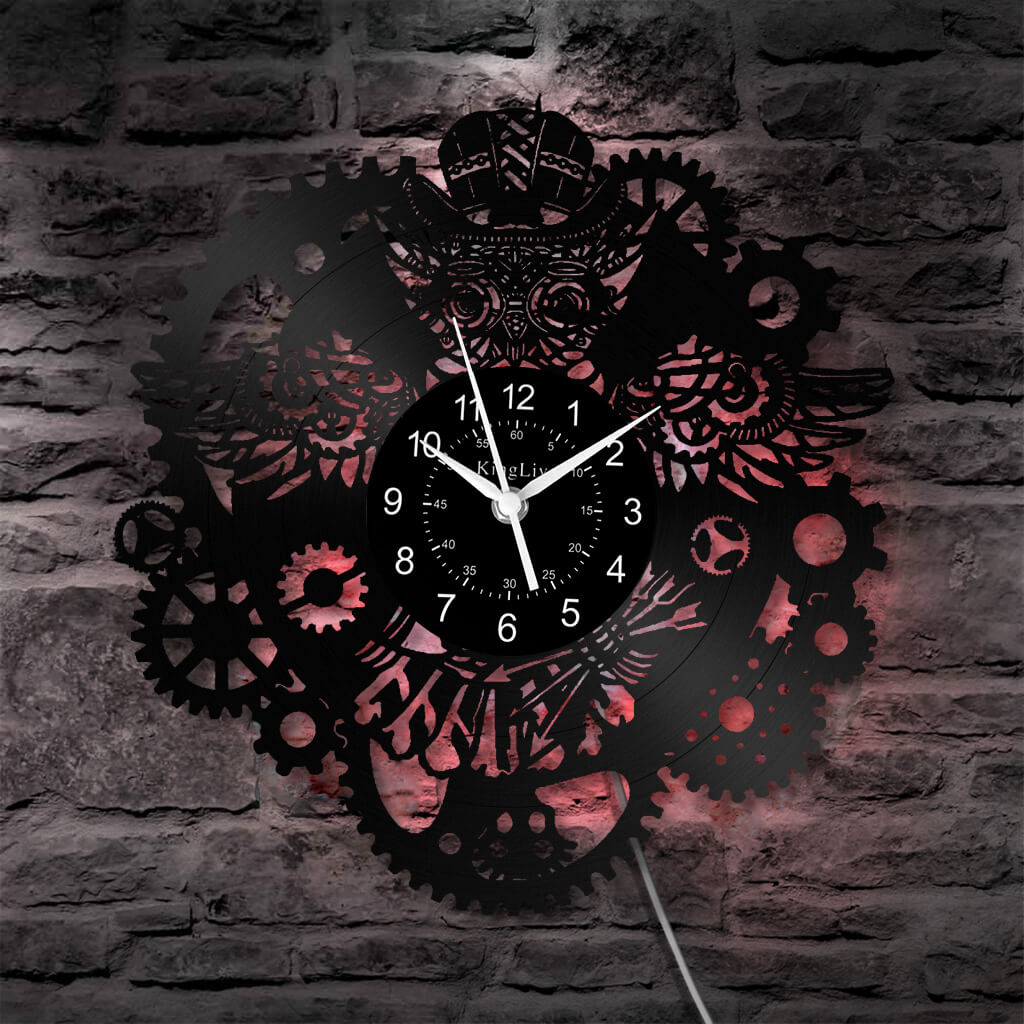 LED Vinyl Wall Clock | Steampunk Owl | 12'' | 0149WPB