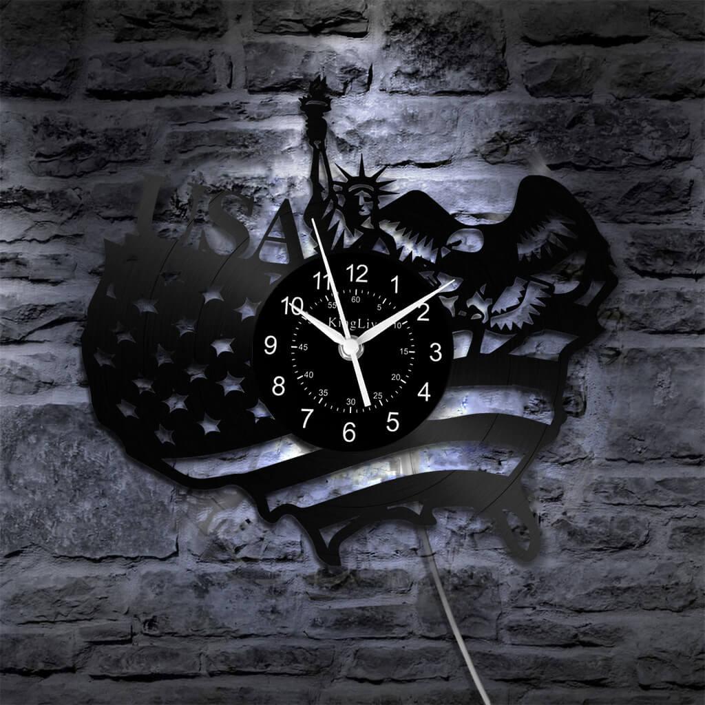 LED Vinyl Wall Clock | American Flag Statue of Liberty | 12'' | 0231WPB