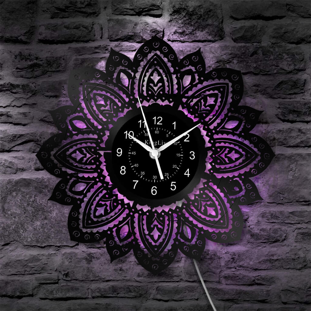 LED Vinyl Wall Clock | Lotus Flower Mandala Ornament | 12''