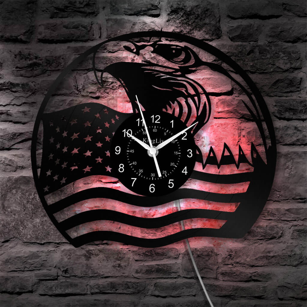 LED Vinyl Wall Clock | Eagle American Flag | 12'' | 0209WPB