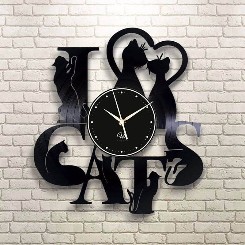 Cat LED Vinyl Wall Clock Record Clock Wall Decor Art Black