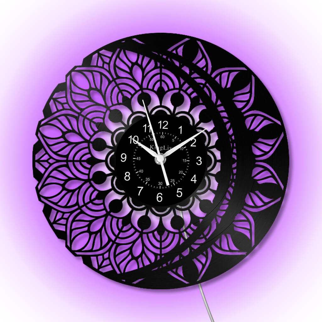 LED Vinyl Wall Clock | Lotus Flower Mandala Ornament | 12''