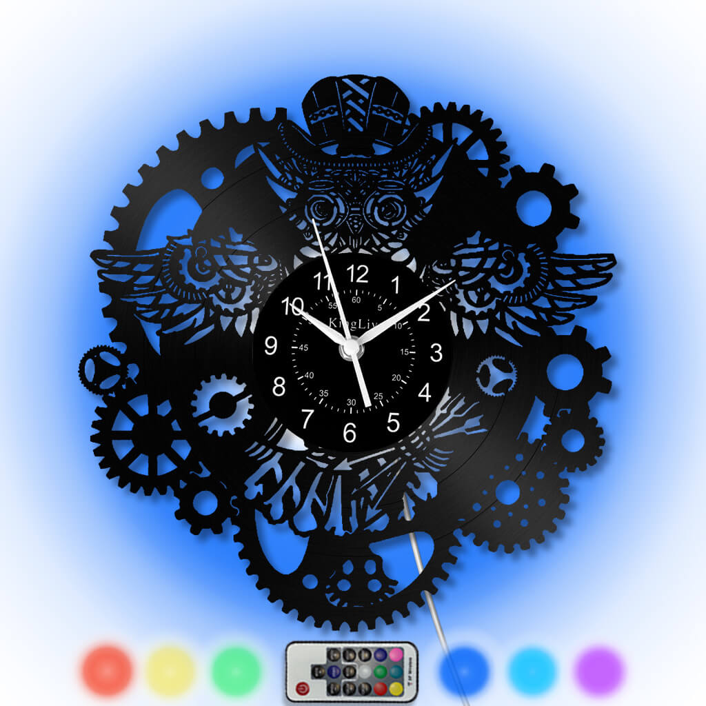 LED Vinyl Wall Clock | Steampunk Owl | 12'' | 0149WPB