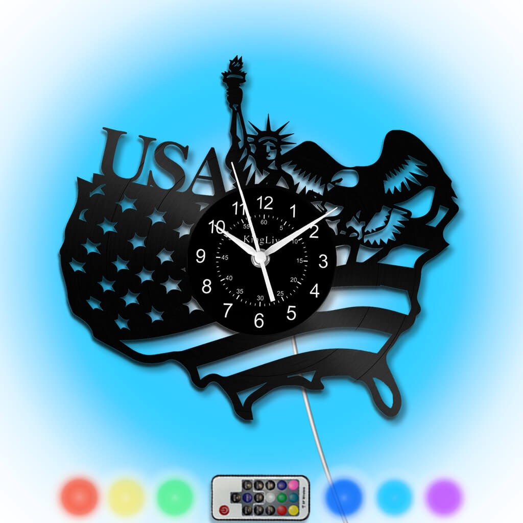 LED Vinyl Wall Clock | American Flag Statue of Liberty | 12'' | 0231WPB
