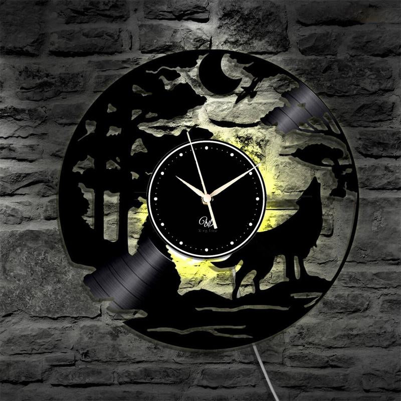 Wolf LED Vinyl Wall Clock Record Clock Wall Decor Art Black