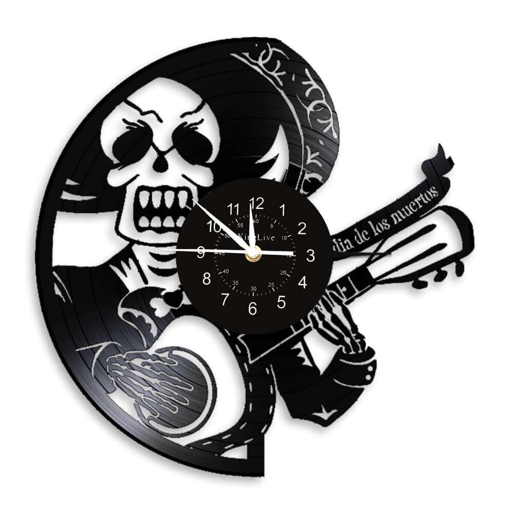 Skull Guitar Black Vinyl Record Wall Clock