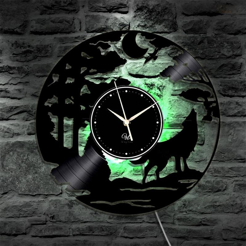 Wolf LED Vinyl Wall Clock Record Clock Wall Decor Art Black