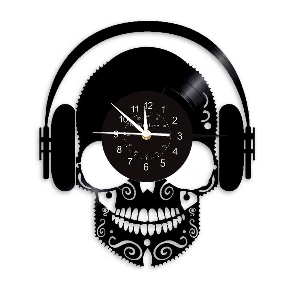 Skull Headphone Black Vinyl Record Wall Clock
