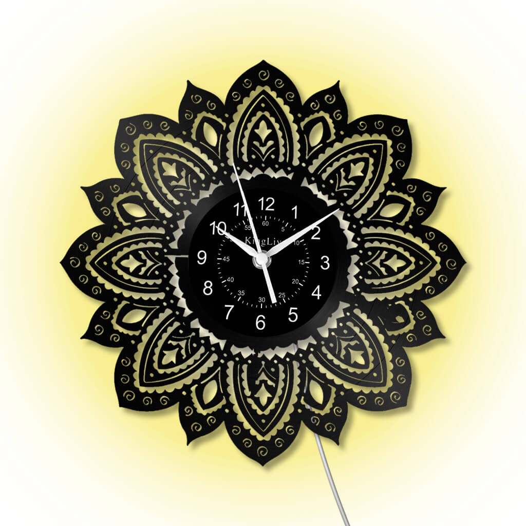 LED Vinyl Wall Clock | Lotus Flower Mandala Ornament | 12''