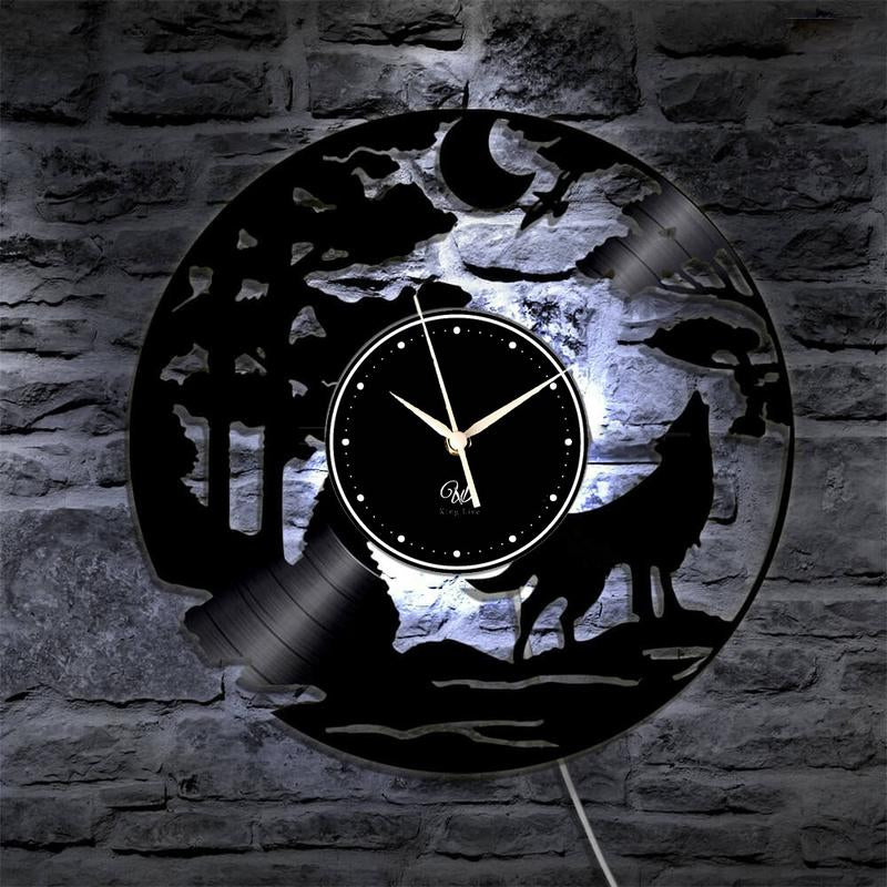 Wolf LED Vinyl Wall Clock Record Clock Wall Decor Art Black