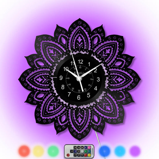 LED Vinyl Wall Clock | Lotus Flower Mandala Ornament | 12''