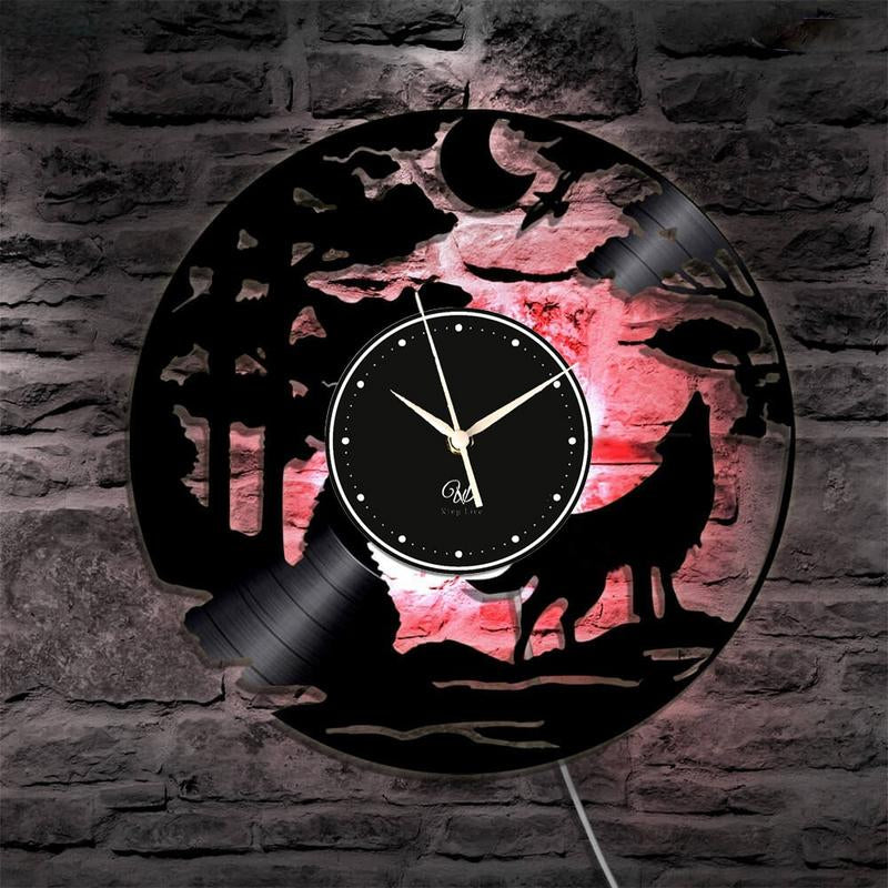 Wolf LED Vinyl Wall Clock Record Clock Wall Decor Art Black